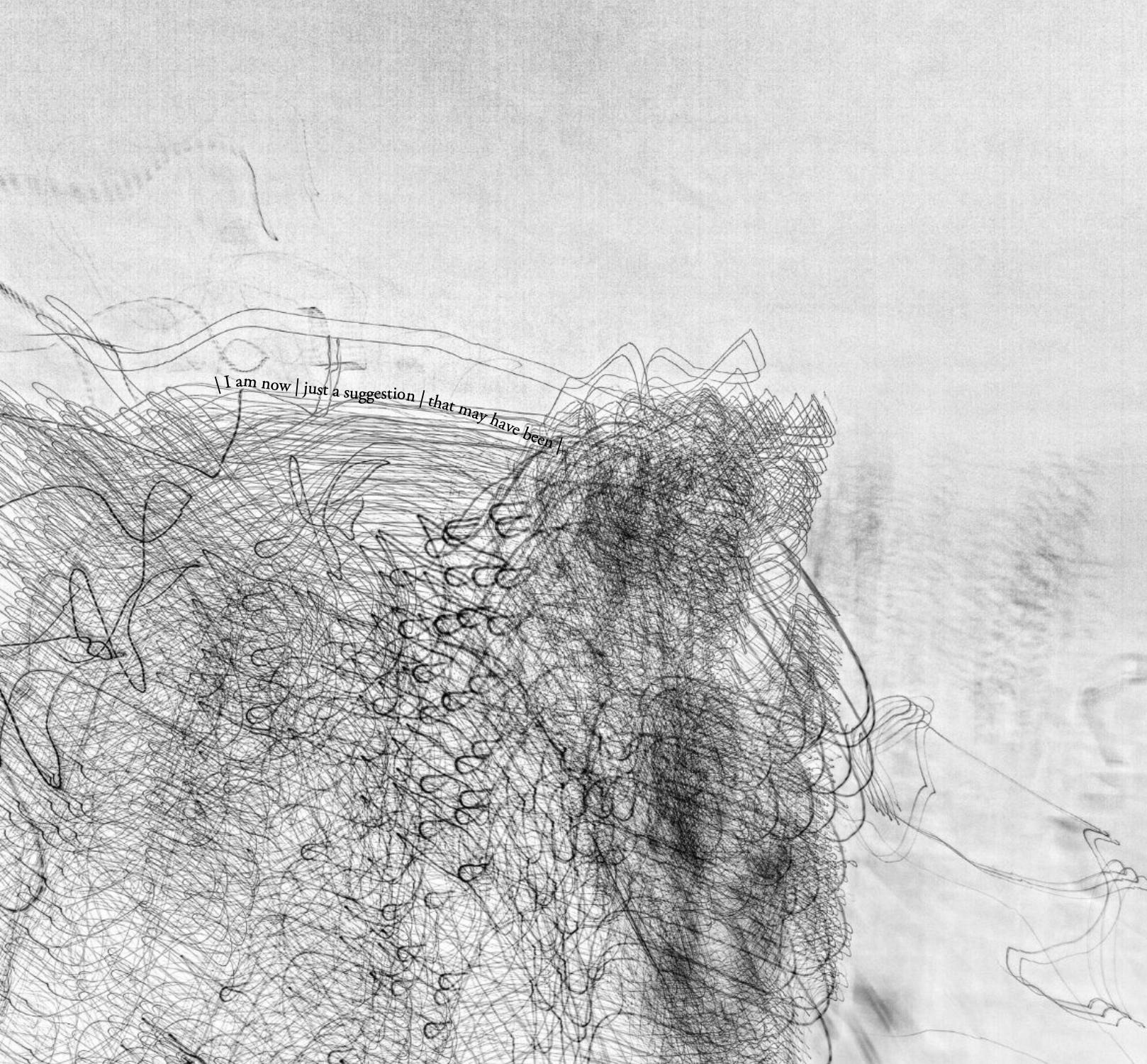 A dense field of looping asemic marks, a single line of type riding across it: I am now, just a suggestion, that may have been