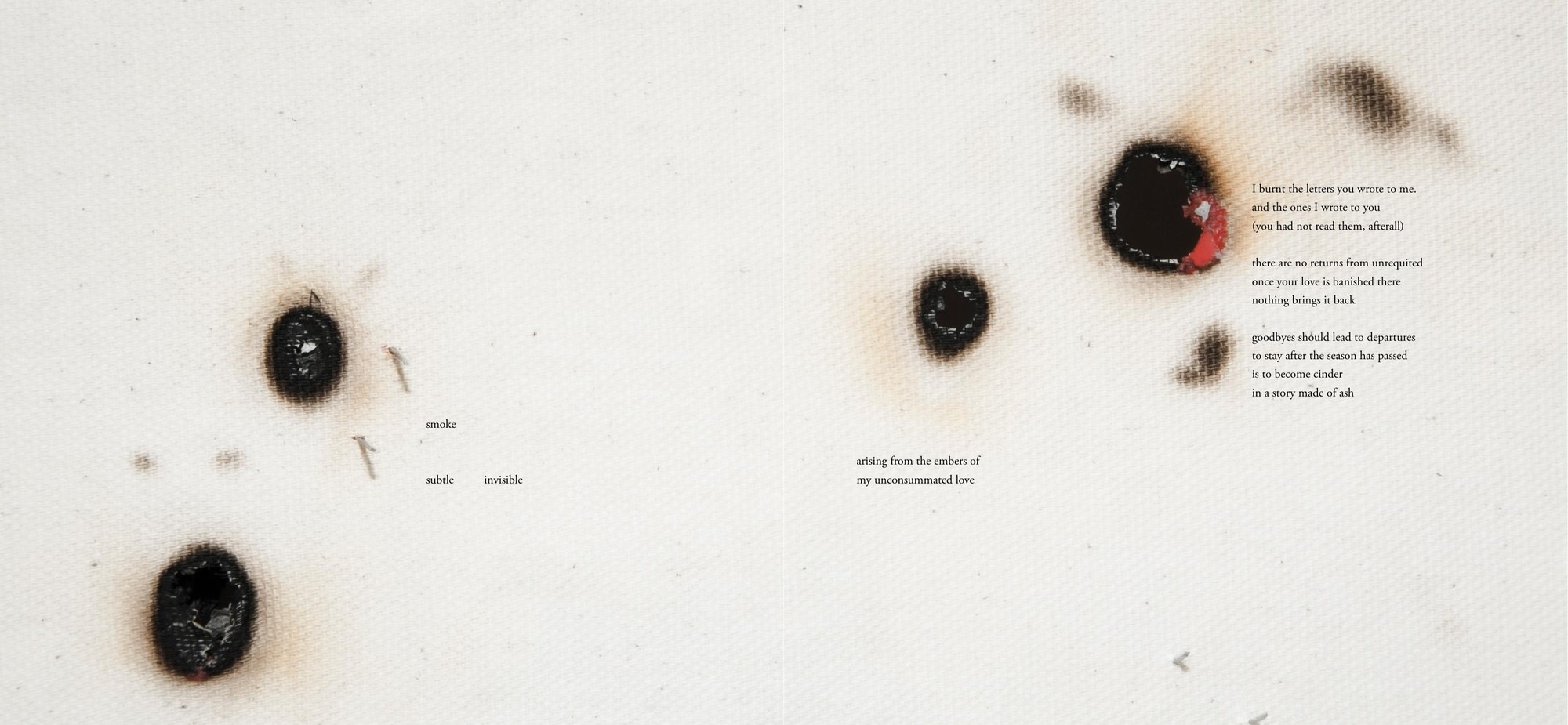 Burn holes scorched through pale cloth, one edged with red, beside a short poem